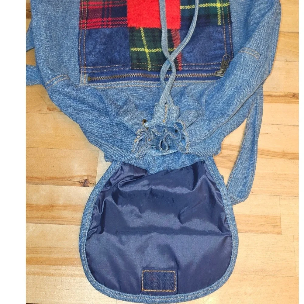 Classic Traditions Vintage Denim Patchwork Backpack Plaid Rucksack Blue Medium